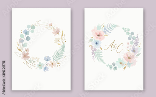 Elegant wedding invitation card template design with abstract watercolor flowers and leaves vector