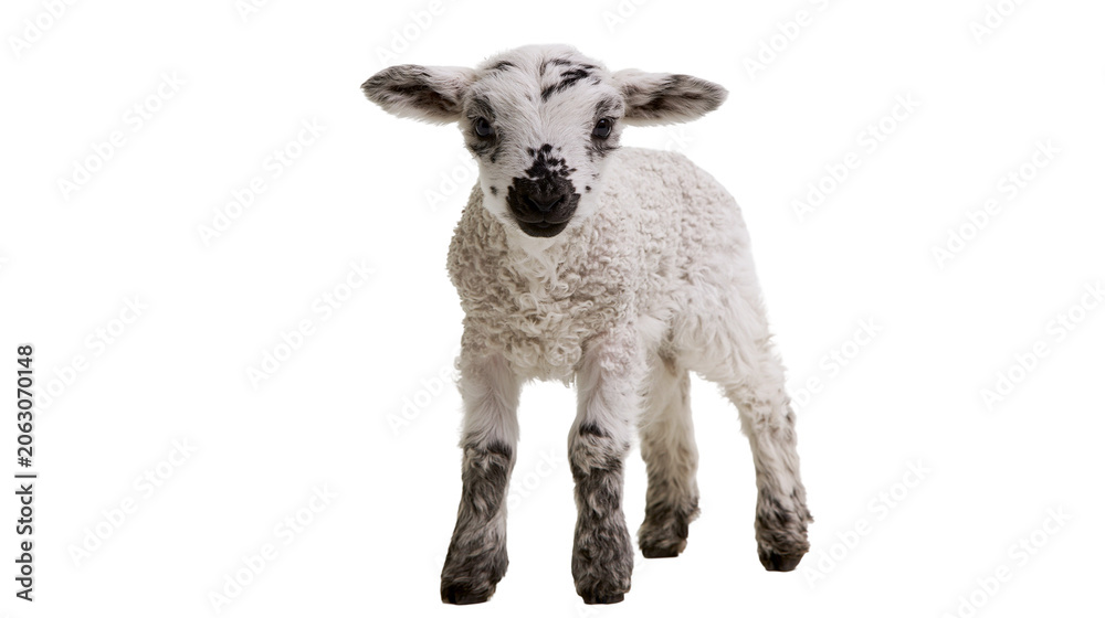Fototapeta premium Cute spotted lamb with curly wool standing