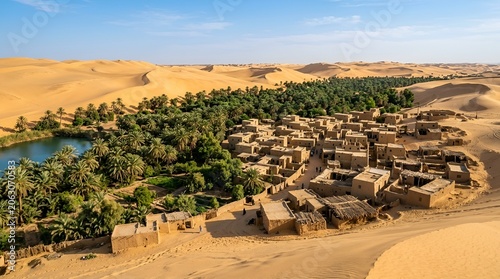 Desert Oasis Village with Lake and Palm Trees