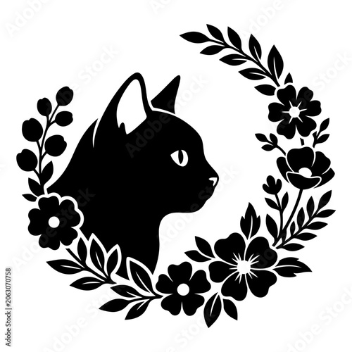Fotografía Cat profile floral crescent vector design