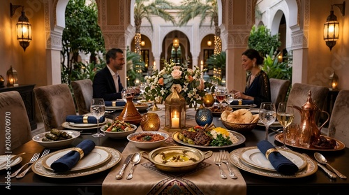 Elegant Couple Enjoying Romantic Dinner in Exotic Courtyard