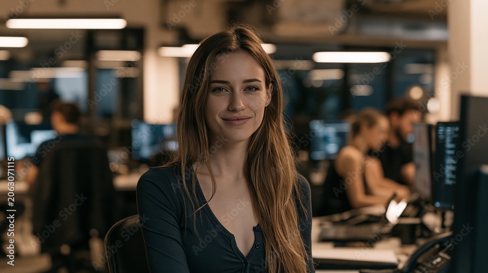 Fototapeta premium Successful young woman working at a desk, smiling naturally in a contemporary office setting.
