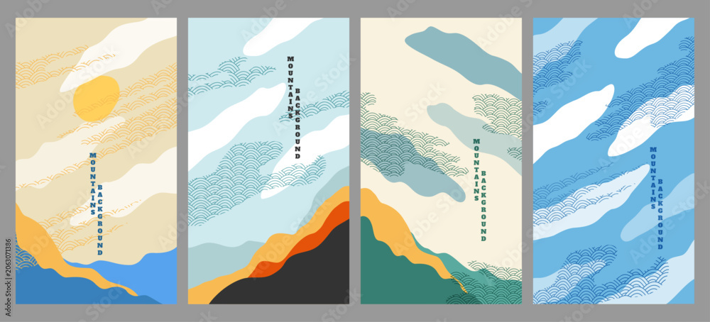 Obraz premium Vector illustration. Abstract landscape background. Japanese pattern design. Geometric template. Traditional of Japan. Asian wallpaper concept. Vintage art. 70s, 80s retro graphic. Design for flyer