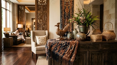 Interior design showcasing vintage textiles, carved wood, and floral arrangement