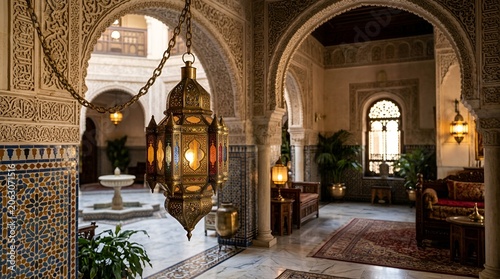 Intricate Moroccan Courtyard with Ornate Lantern and Architectural Details