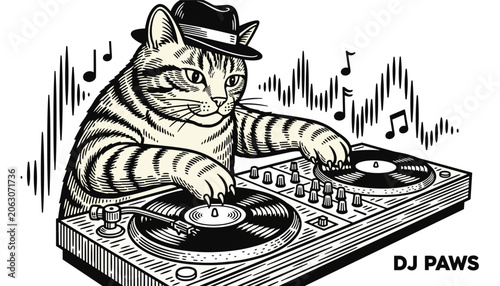 Foto Creative engraving shows a cool cat wearing a fedora hat and using its claws to scratch records on a DJ turntable