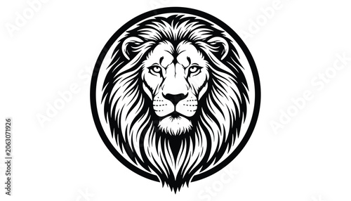 Billede på lærred Powerful lion head is enclosed in a circular border in this detailed black and white logo or heraldic emblem