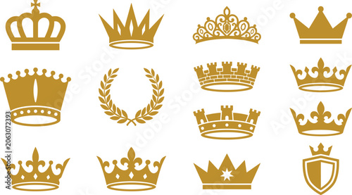 Photos Royal Crown and Laurel Wreath Vector Icon Set with Golden Monarchy Symbols for L