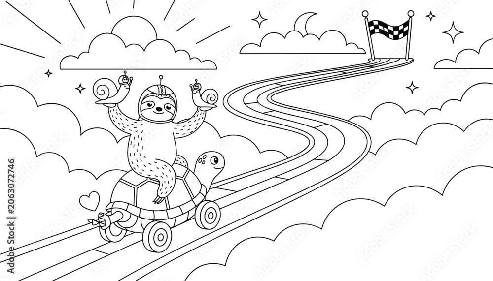 Fototapeta premium Whimsical coloring page showing a sloth wearing a helmet riding a turtle race car along a winding track towards the finish line.