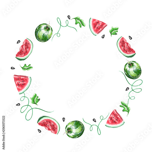 Watercolor watermelon frame. Hand drawn illustration