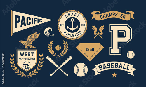 Baseball Varsity Badge Set: Vintage Collegiate Vector Emblems for Athletic Apparel Sports Design