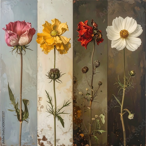A vibrant collage of four flowers on varying colored backgrounds