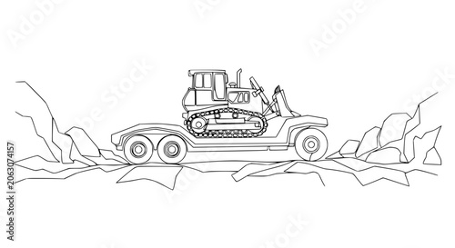 Quadro em tela Bulldozer on a lowboy trailer, illustration, construction equipment, rugged terr