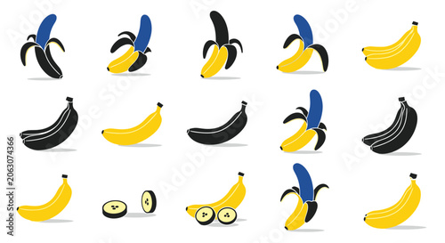 Canvas-taulu Banana fruit icon set with whole peeled and sliced pieces