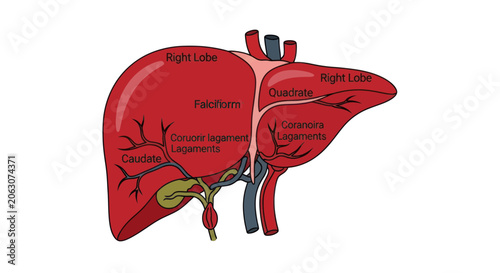 Foto Human liver anatomy diagram with labeled lobes and ligaments