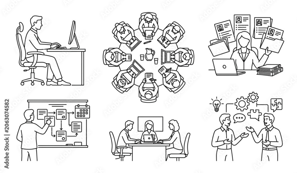 Obraz premium Minimal Business Team and Office Management Line Icons Collection for Corporate Workflow Design
