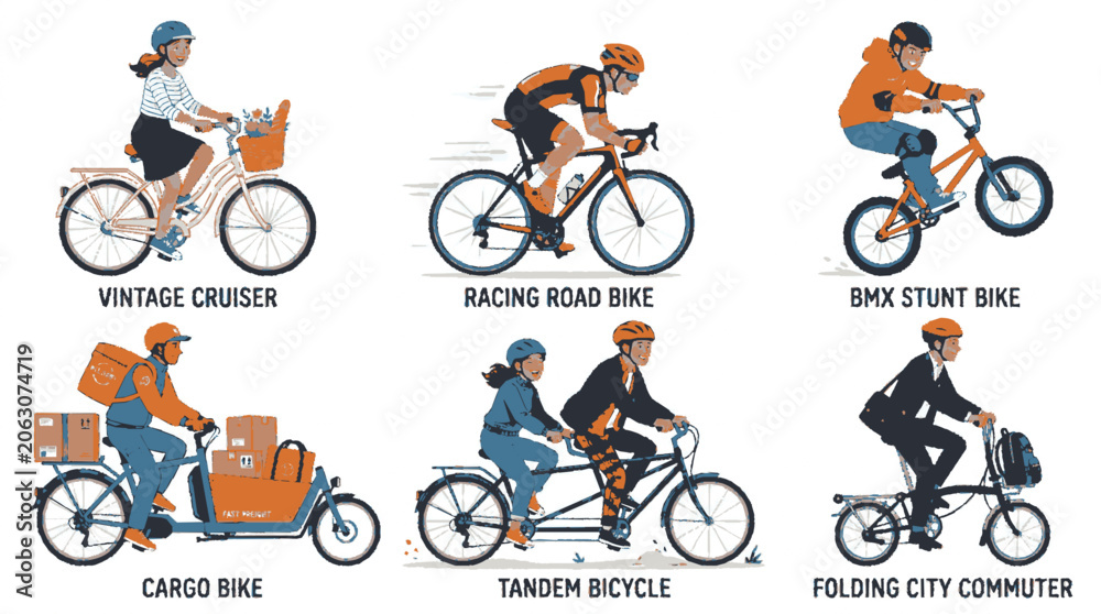 Naklejka premium Set of diverse people riding various types of bicycles in flat vector illustration style