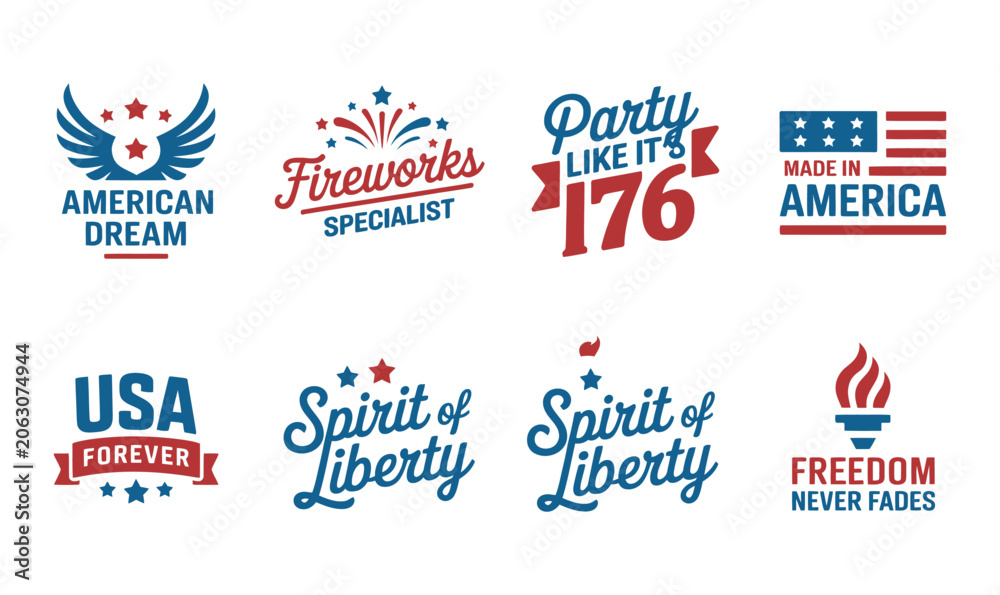 Fototapeta premium Patriotic USA Typography Vector Emblems Set for Independence Day Apparel and T-Shirt Design