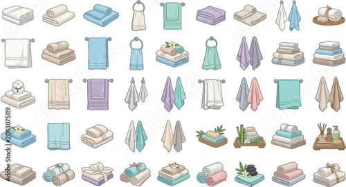 Photos Bathroom Towel and Spa Fabric Collection Vector Icon Set with Stacked Folded and