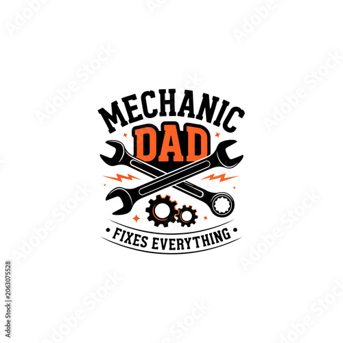 Foto Mechanic dad fixes everything with tools and gears logo design isolated on trans