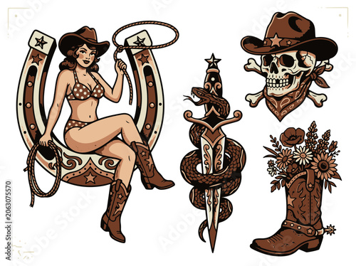 Cowboy Western Traditional Tattoo Style Graphics for Retro Apparel and Themed Event Designs
