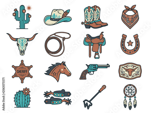 Cowboy Western Wild West Themed Icon Set with Rustic Design Elements and Symbols