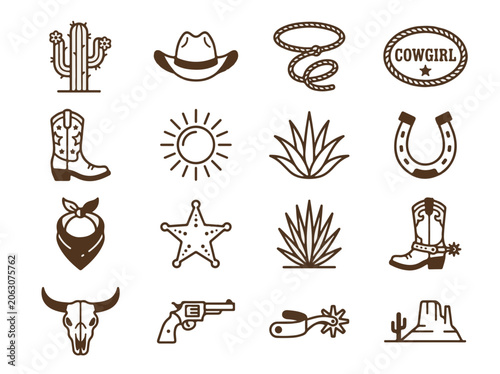 Western Cowboy Cowgirl Elements Icons Collection for Design Projects and Branding