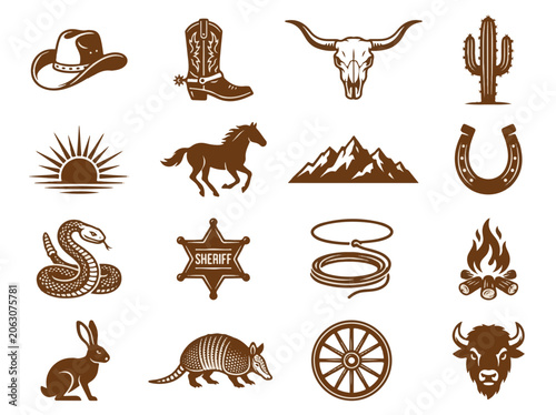 Obraz na płótnie Western Cowboy Icons Silhouette Collection with Desert Animals and Objects Desig