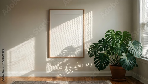 A framed picture hangs on a plain wall with light and shadows