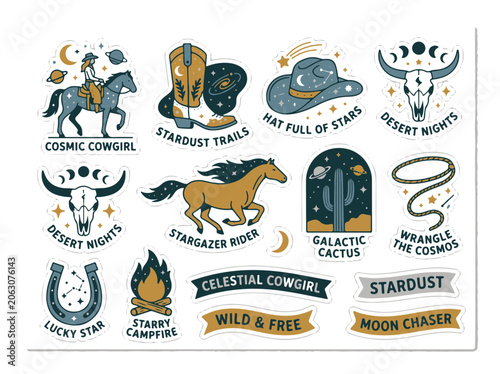 Obraz na plátně Celestial Western Cowgirl Sticker Collection Featuring Cosmic Desert and Starry