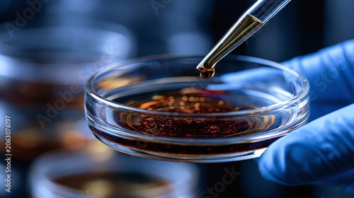 A gloved hand expertly guides a dropper, releasing a precisely measured drop of brown liquid into a clear glass petri dish, showcasing sterile laboratory work
