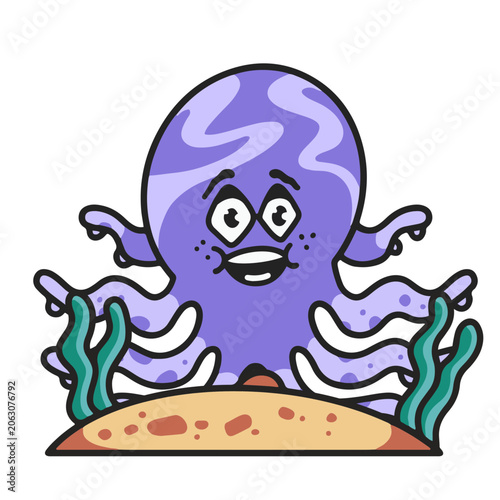 Canvas-taulu Cute purple octopus character design with seaweed elements t-shirt design
