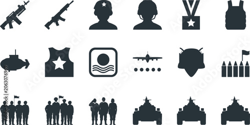 Fotografie Military Silhouette Icon Set Featuring Soldiers Rifles Tanks Submarine Jet and V