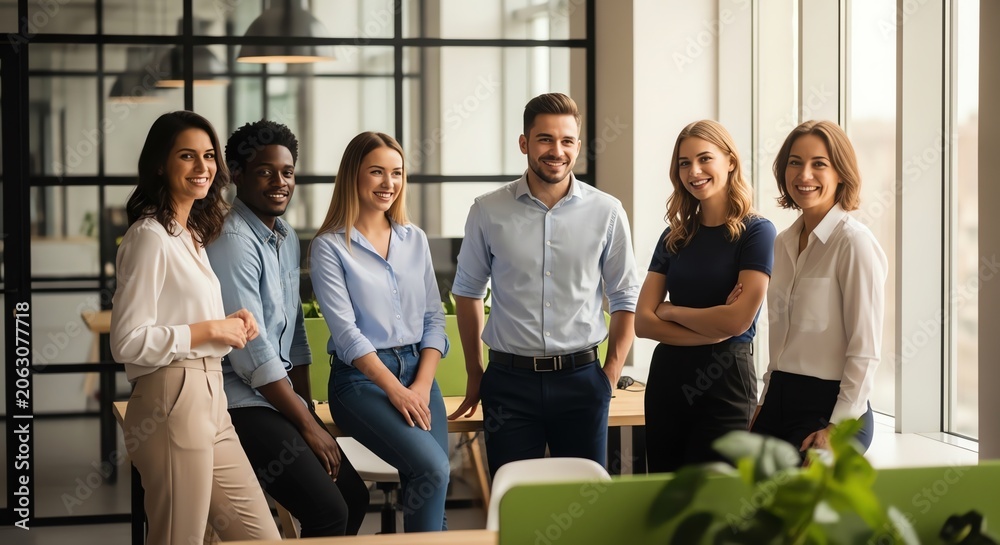 Obraz premium Diverse Smiling Professionals in a Modern Office Team Setting