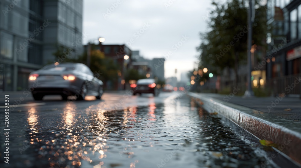 Obraz premium Rainy City Street: Cars drive down a wet city street on a gloomy day, with reflections of streetlights shimmering on the wet asphalt, creating a moody and atmospheric scene.