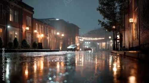 Rainy Night in the City: The city streets glisten under the soft glow of streetlights and building illumination as a gentle rain falls, creating beautiful reflections on the wet pavement.