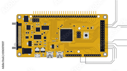 Obraz na płótnie Top View of a Modern Yellow Electronic Circuit Board for Computing and Embedded
