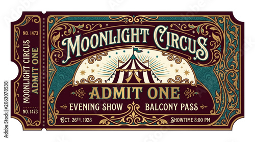 Vintage Decorative Entrance Ticket Design for a Classic Traveling Big Top Performance Event