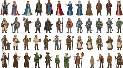 Fotografie Flat medieval historical figures and kingdom characters collection