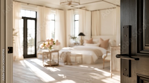 Southern cottage elegance meets modern luxury in a sunlit bedroom with airy curtains, antique furnishings, and neutral tones.