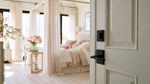 Bright luxury bedroom featuring black door accents, white oak floors, layered bedding, peonies, and graceful pastel details.