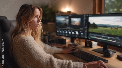 Video Editor at Work: A focused female video editor intently works on her dual-monitor setup, skillfully assembling footage for a captivating story, reflecting dedication and creative passion.