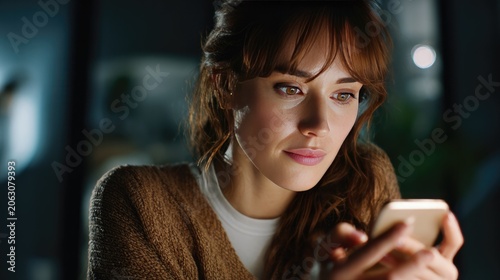 Focused Connection: A young woman with a gentle smile gazes intently at her smartphone, her face illuminated by the screen's soft glow, lost in digital communication.