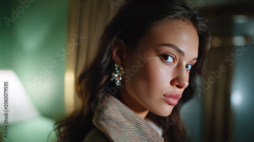 Elegant Gaze: A captivating woman with striking features and elaborate earrings poses with a serene expression, her eyes conveying a sense of mystery and allure in a softly lit setting.