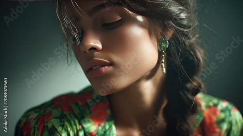 Woman with Braids and Earrings: A portrait of a young woman with dark braided hair and elegant earrings, her eyes closed in contemplation, her face illuminated by soft light.