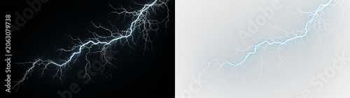 Schilderij op canvas Blue and white bright lightning bolt strikes across a clear and isolated on tran
