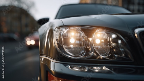 Car Headlight Close-up: The illuminated headlight of a sleek, dark car is showcased in a close-up shot, revealing intricate details and casting a warm glow on the street ahead.