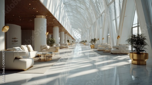 Grand Architectural Hall: A vast and modern architectural space featuring a long, bright hallway with white columns and luxurious seating areas, bathed in natural light.