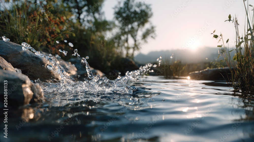 Fototapeta premium Flowing Serenity: Crystal clear water cascades over smooth stones in a serene natural stream, reflecting the soft glow of the rising sun amidst lush vegetation.