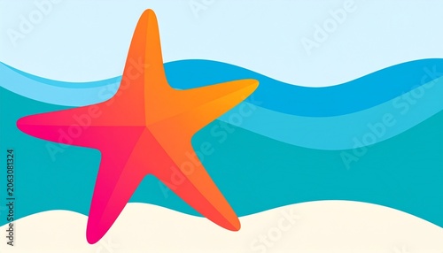 Vibrant orange starfish silhouette on ocean waves background.